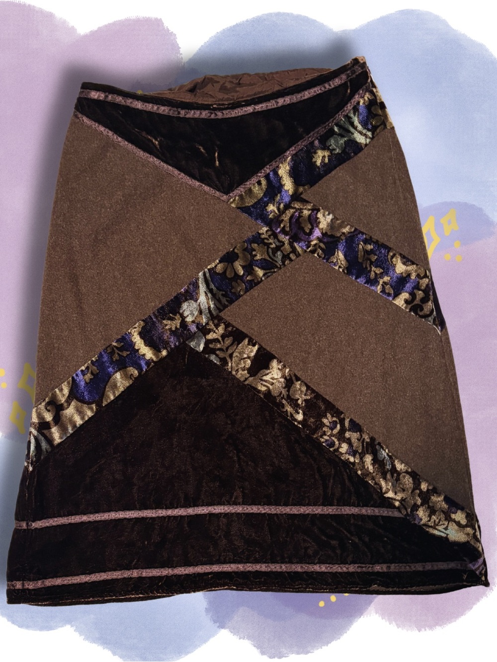 Velvet Patchwork Midi Skirt | Boho Mixed Media + Velour | Size M
